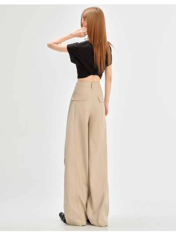 Ženske hlače odijelo visokog struka (visoki struk, draped lazy stil, slobodan kroj, široke nogavice, pamuk)
