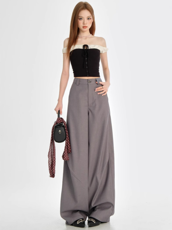 Ženske hlače odijelo visokog struka (visoki struk, draped lazy stil, slobodan kroj, široke nogavice, pamuk)