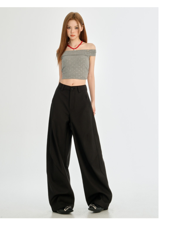 Ženske hlače odijelo visokog struka (visoki struk, draped lazy stil, slobodan kroj, široke nogavice, pamuk)