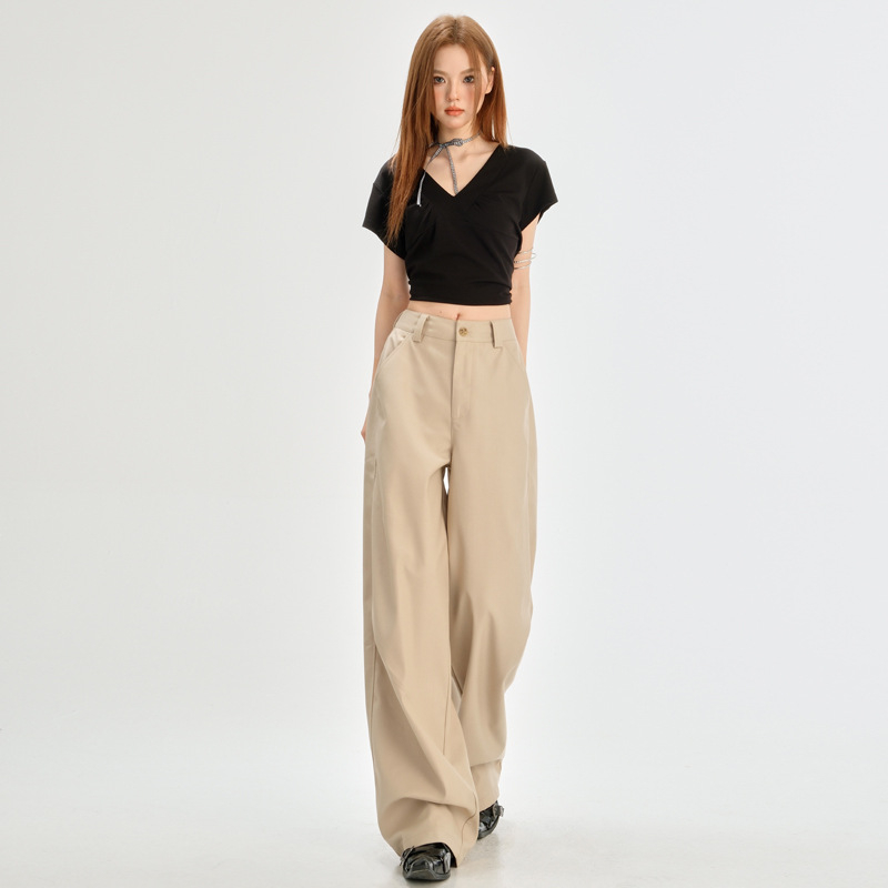 Ženske hlače odijelo visokog struka (visoki struk, draped lazy stil, slobodan kroj, široke nogavice, pamuk)