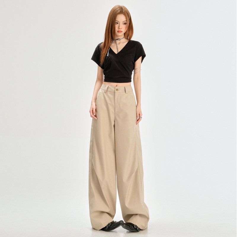 Ženske hlače odijelo visokog struka (visoki struk, draped lazy stil, slobodan kroj, široke nogavice, pamuk)