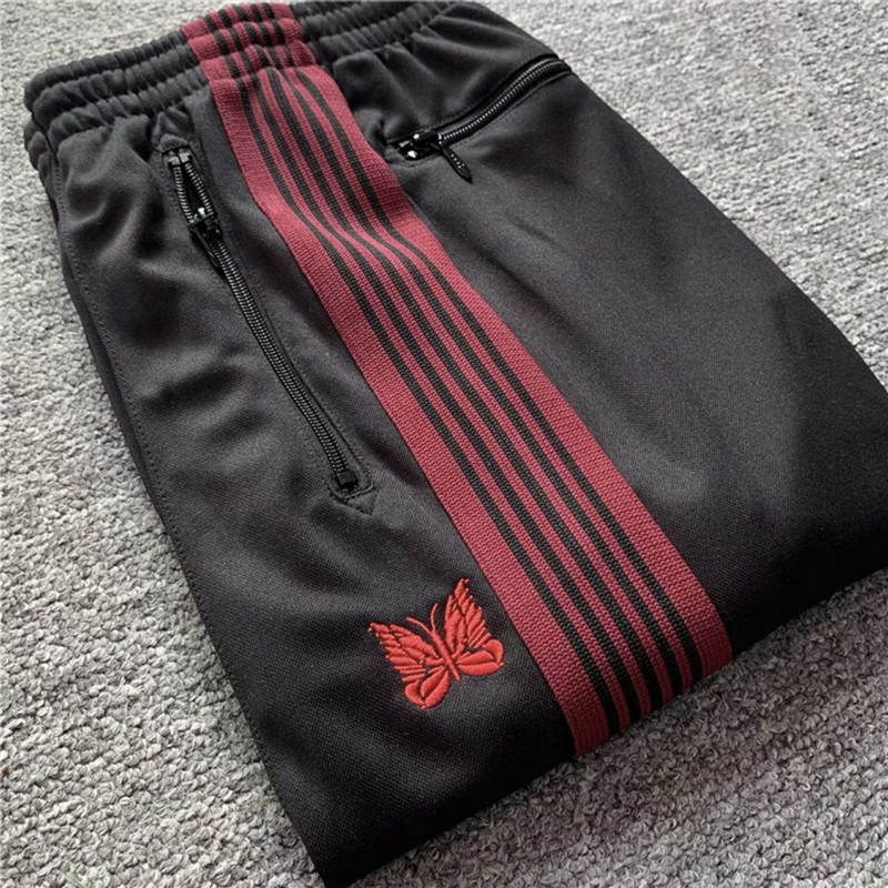 Japanske retro hlače s izšivanim leptir motivom, ravni kroj, srednji pojas
