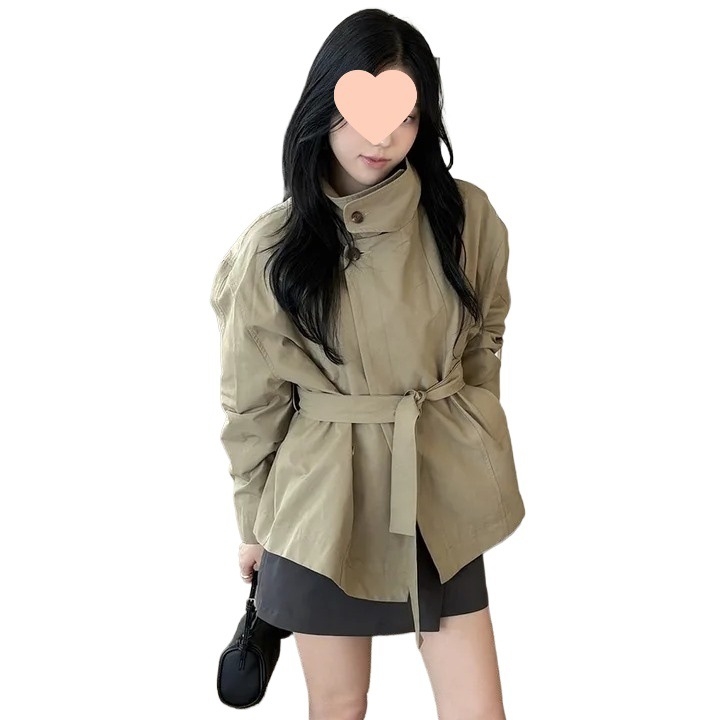 Laza szabású rövid windbreaker dzseki ultra rövid hosszú, álló gallérral, fűzős zárással, pamut-keverék anyagból, egyszínű