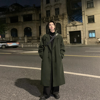 Palton bărbătesc în stil coreean, cu glugă, rever, fermoar și croială lejeră