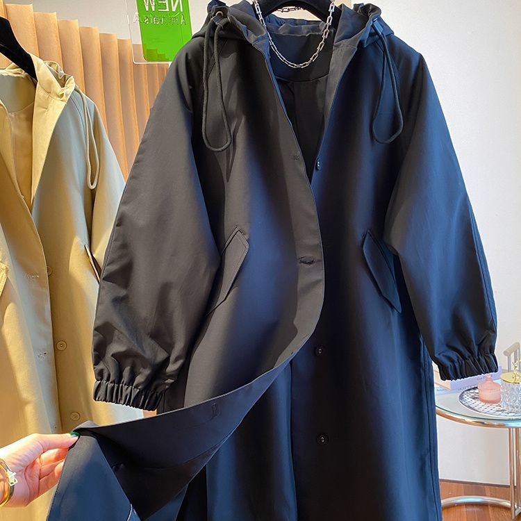Ženski dugi trench kaput s kapuljom, iznad koljena, britanski stil, slobodan kroj, tkanina od pamuk-poliester smjese