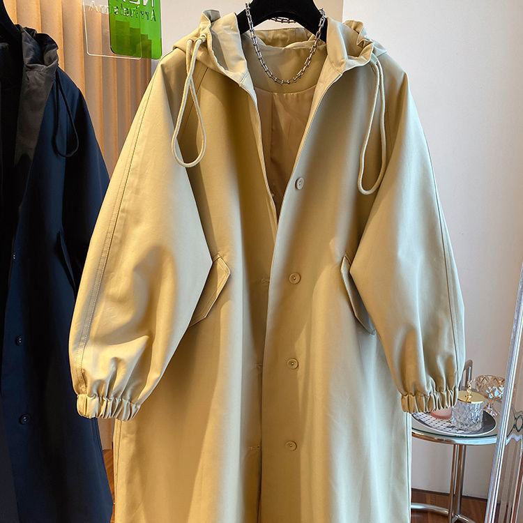 Ženski dugi trench kaput s kapuljom, iznad koljena, britanski stil, slobodan kroj, tkanina od pamuk-poliester smjese