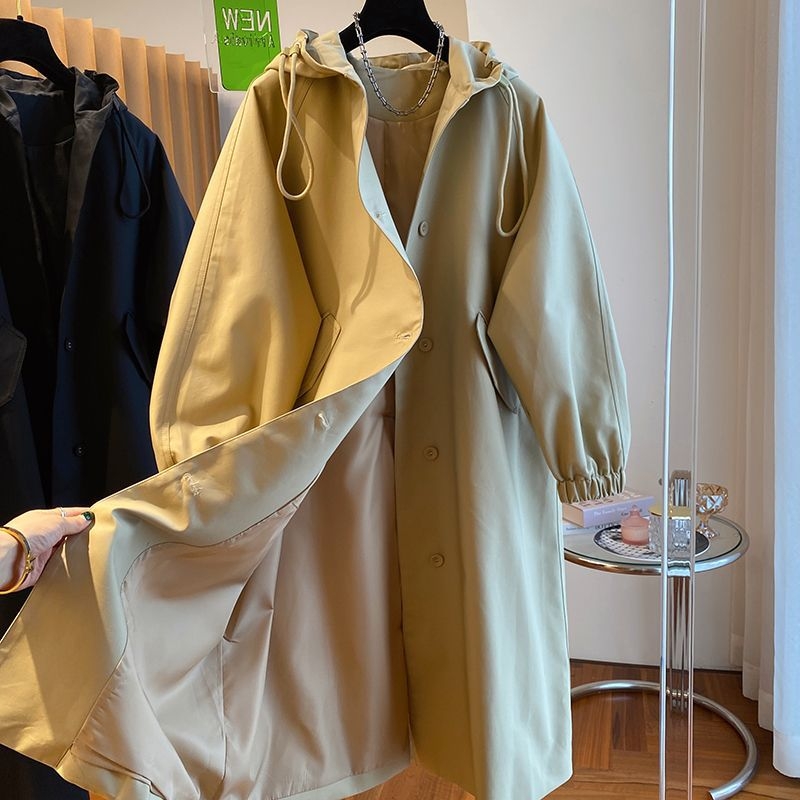 Ženski dugi trench kaput s kapuljom, iznad koljena, britanski stil, slobodan kroj, tkanina od pamuk-poliester smjese