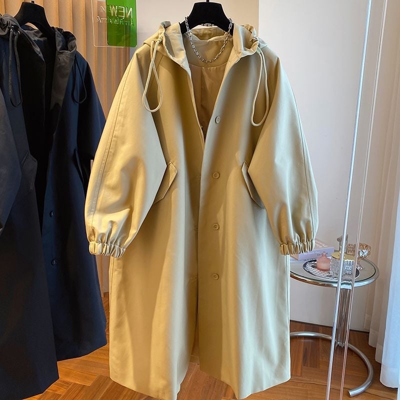 Ženski dugi trench kaput s kapuljom, iznad koljena, britanski stil, slobodan kroj, tkanina od pamuk-poliester smjese