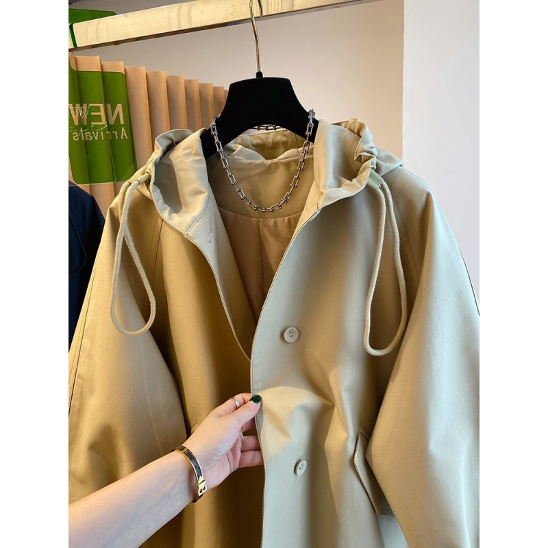 Ženski dugi trench kaput s kapuljom, iznad koljena, britanski stil, slobodan kroj, tkanina od pamuk-poliester smjese
