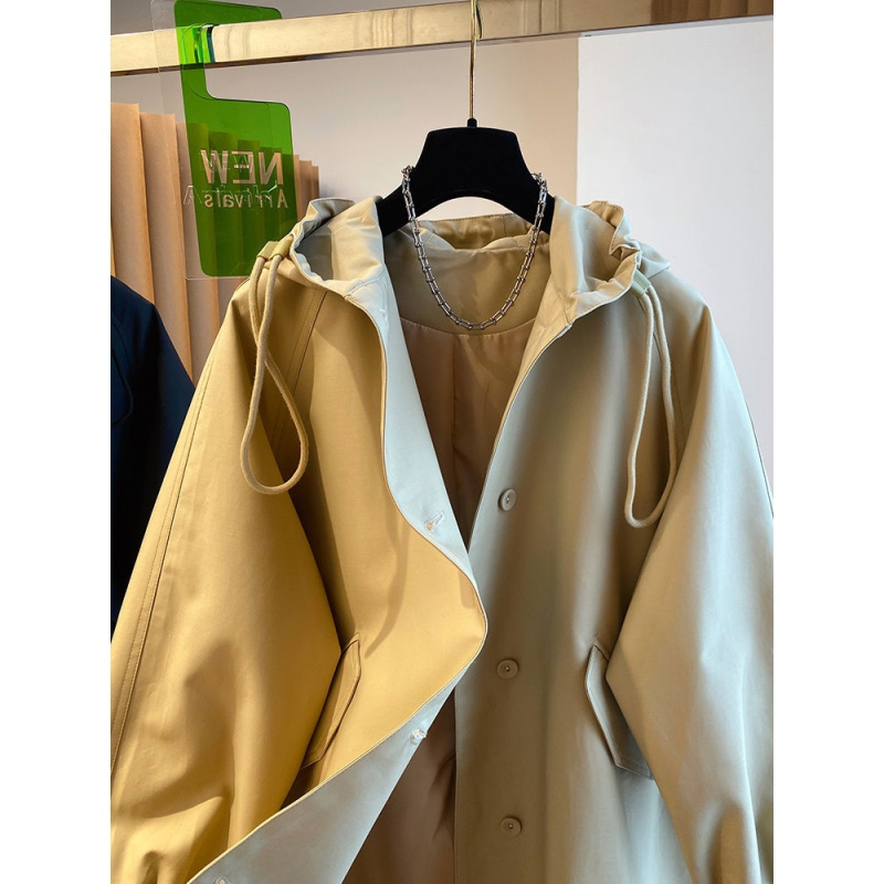 Ženski dugi trench kaput s kapuljom, iznad koljena, britanski stil, slobodan kroj, tkanina od pamuk-poliester smjese