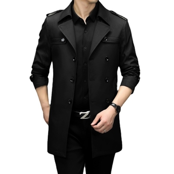 Férfi trench kabát középméretű, dupla záródású, öltöny-nyakú, lazított szabású, poliészter külső és poliészter bélés, 3D zsebek