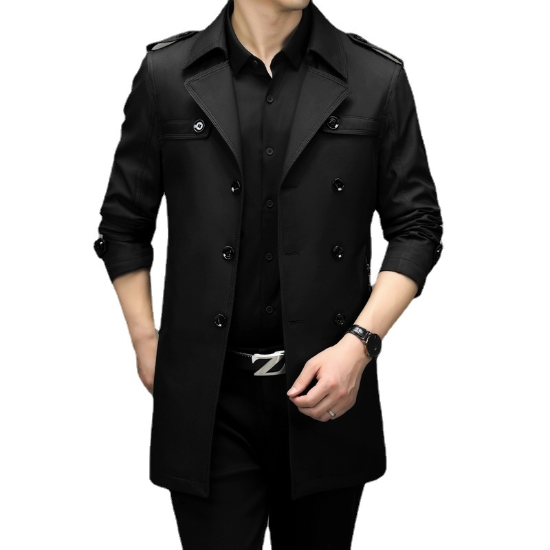 Férfi trench kabát középméretű, dupla záródású, öltöny-nyakú, lazított szabású, poliészter külső és poliészter bélés, 3D zsebek