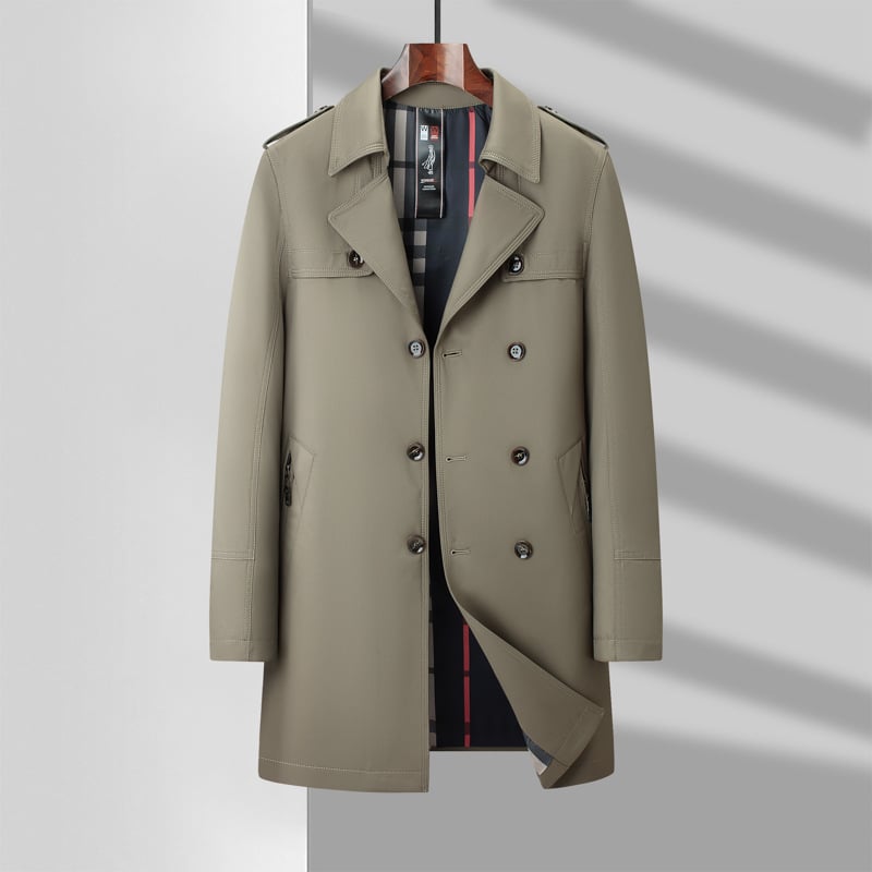 Férfi trench kabát középméretű, dupla záródású, öltöny-nyakú, lazított szabású, poliészter külső és poliészter bélés, 3D zsebek
