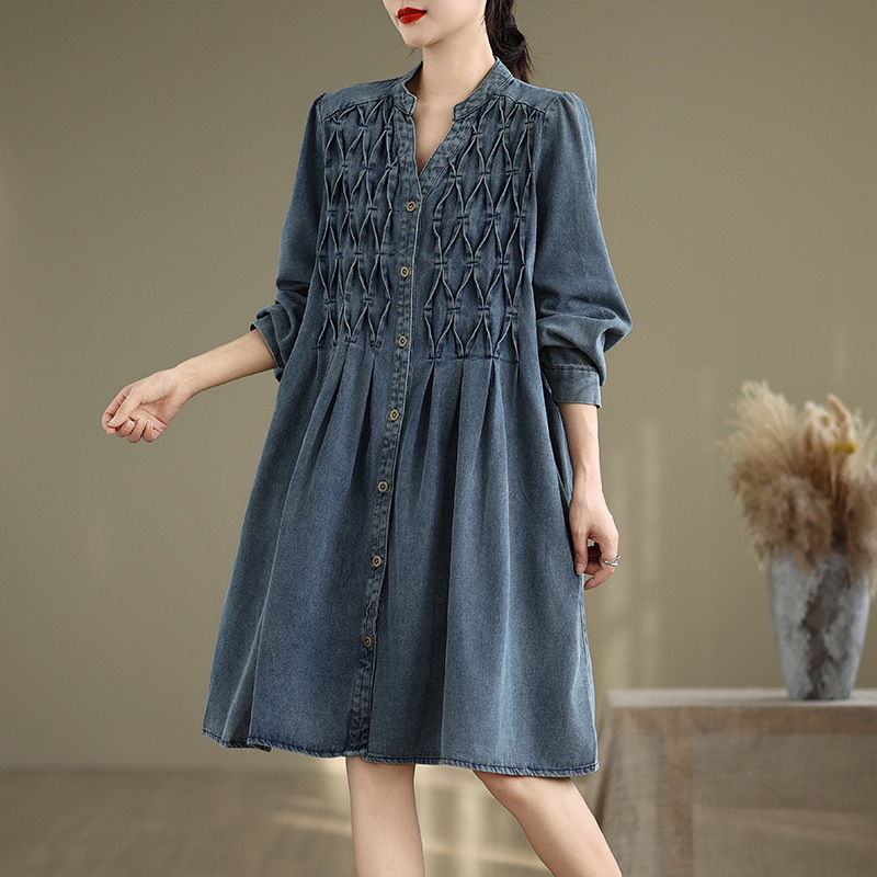 Ženski kaput u denim stilu, s polo ovratnikom, jednostruko kopčanje na jedan red gumba, srednja duljina, debela poliester tkanina, dugi rukavi, casual stil inspiriran japansko-korejskim trendom