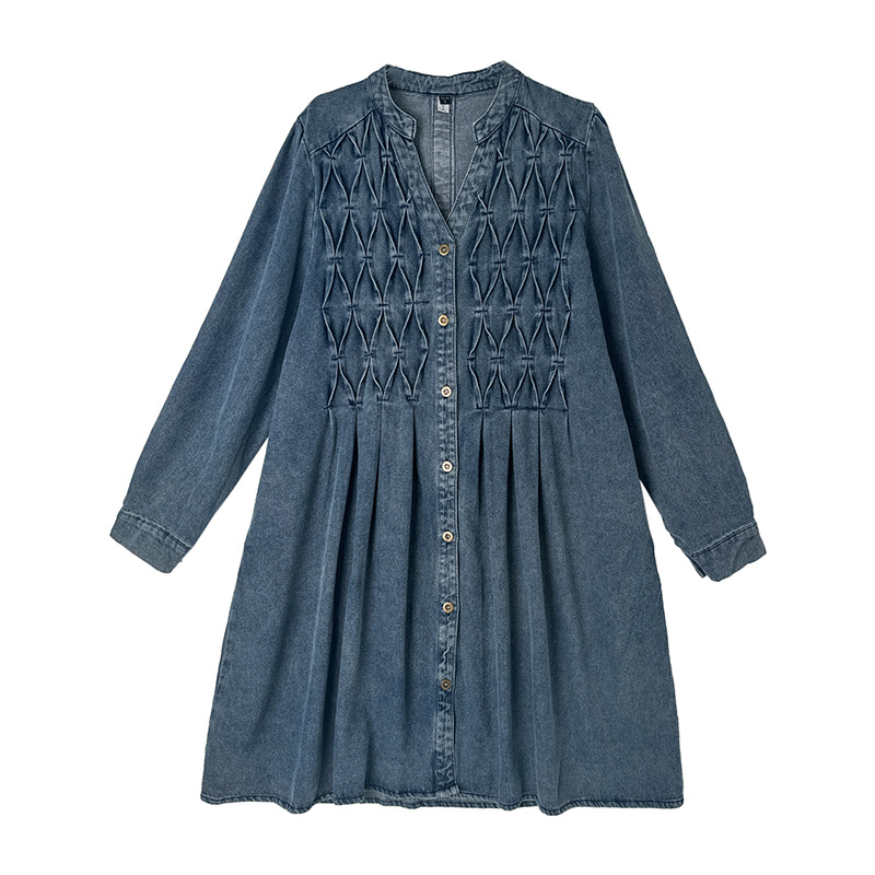 Ženski kaput u denim stilu, s polo ovratnikom, jednostruko kopčanje na jedan red gumba, srednja duljina, debela poliester tkanina, dugi rukavi, casual stil inspiriran japansko-korejskim trendom