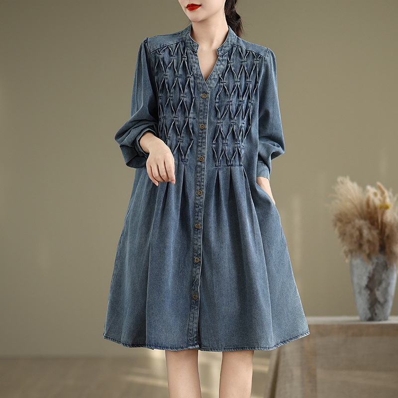 Ženski kaput u denim stilu, s polo ovratnikom, jednostruko kopčanje na jedan red gumba, srednja duljina, debela poliester tkanina, dugi rukavi, casual stil inspiriran japansko-korejskim trendom