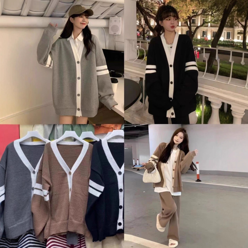 Cardigan pulóver patchworkblokkal, V-nyakú, laza szabás, hosszú ujjú