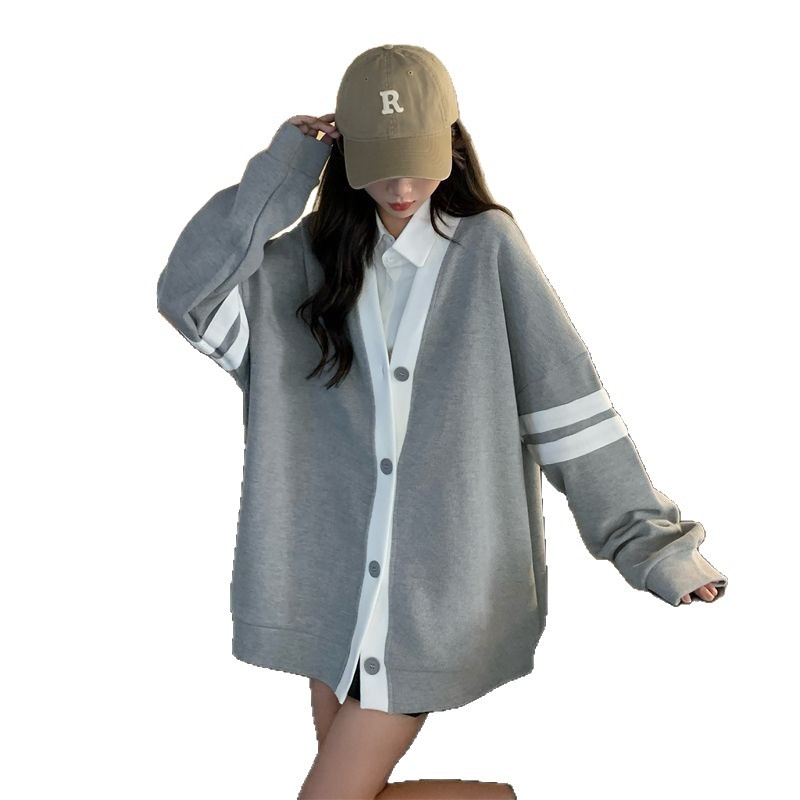 Cardigan pulóver patchworkblokkal, V-nyakú, laza szabás, hosszú ujjú