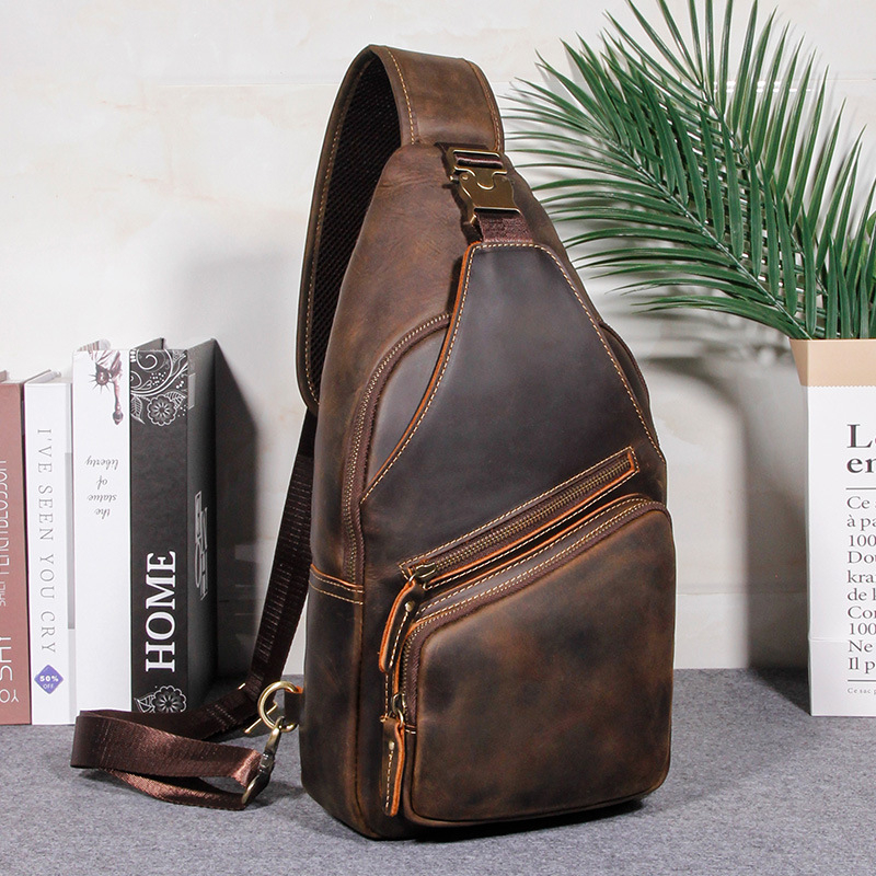 Muška torba za prsa od prave kože, višestruka funkcionalnost s jednim remenom, crossbody, velika kapaciteta, Crazy Horse stil