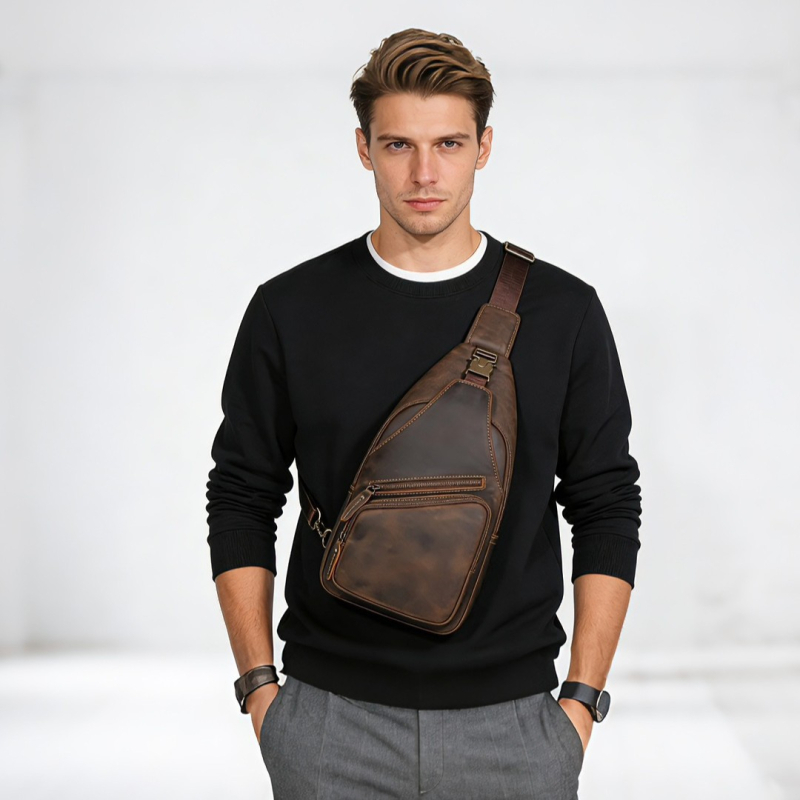 Muška torba za prsa od prave kože, višestruka funkcionalnost s jednim remenom, crossbody, velika kapaciteta, Crazy Horse stil