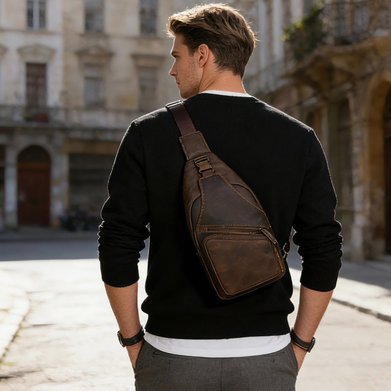 Muška torba za prsa od prave kože, višestruka funkcionalnost s jednim remenom, crossbody, velika kapaciteta, Crazy Horse stil