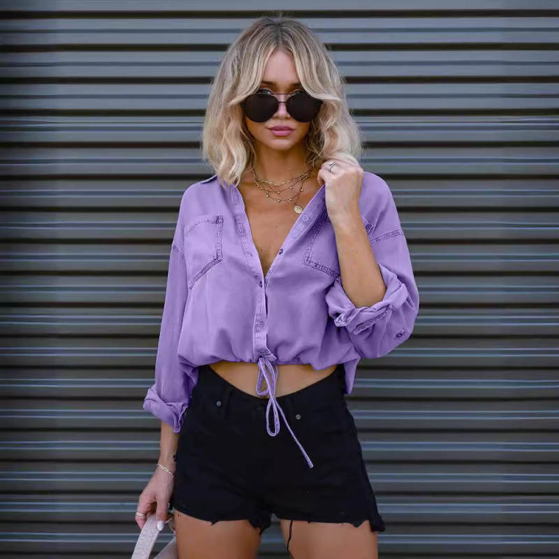 Női farmering laza szabású, kettős zsebekkel, polo gallérral, hosszú ujjú