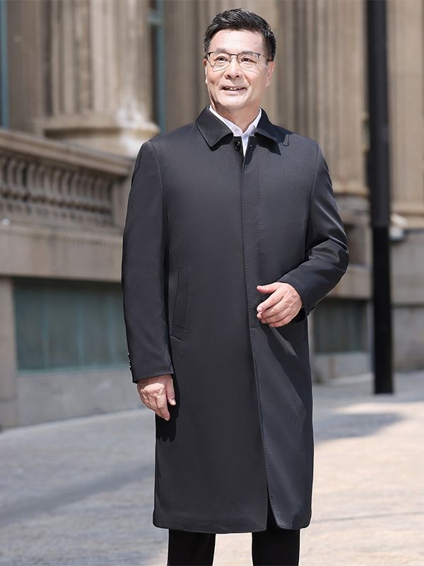 Palton lung pentru bărbați, rever, închidere simplă, gros, material: amestec poliester, lungime 80–100 cm