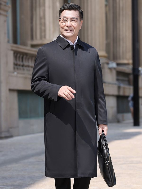 Palton lung pentru bărbați, rever, închidere simplă, gros, material: amestec poliester, lungime 80–100 cm