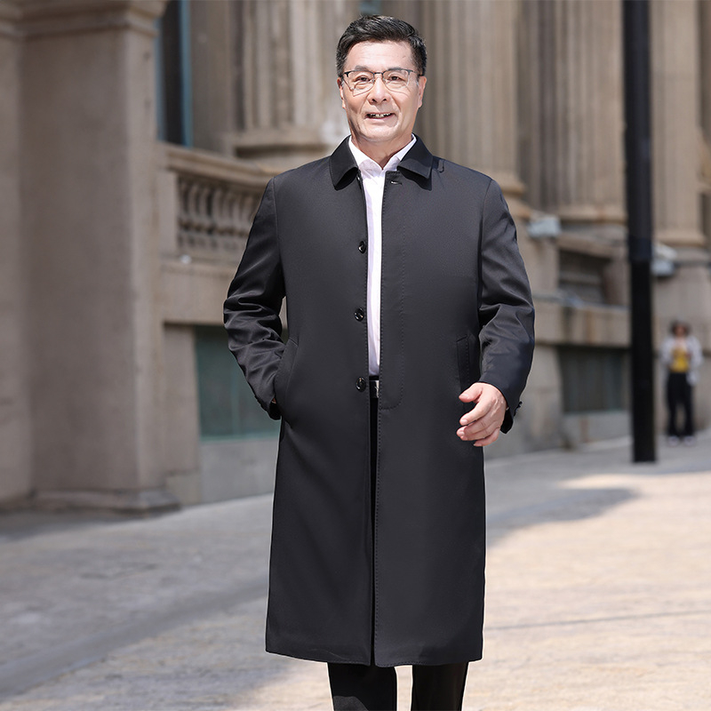 Palton lung pentru bărbați, rever, închidere simplă, gros, material: amestec poliester, lungime 80–100 cm