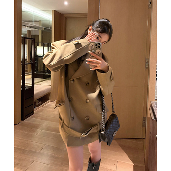 Női koreai retro laza kosztüm kabát - dupla gombolás, középhosszú, poliészter, polo gallér, nyomtatott részlet