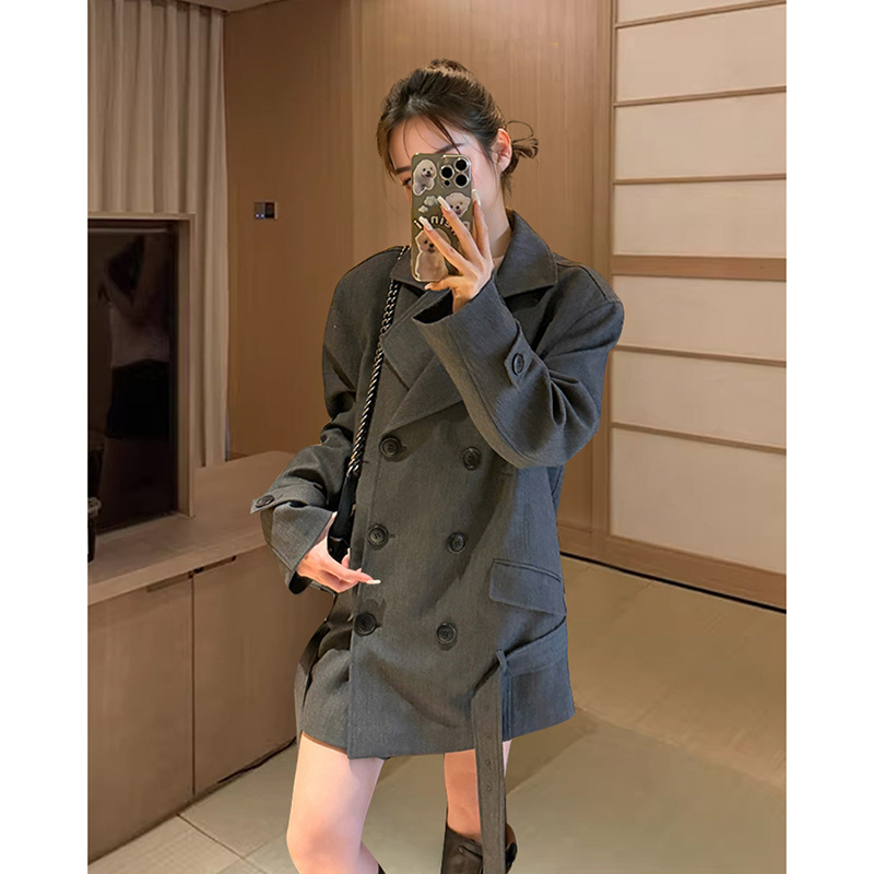 Női koreai retro laza kosztüm kabát - dupla gombolás, középhosszú, poliészter, polo gallér, nyomtatott részlet