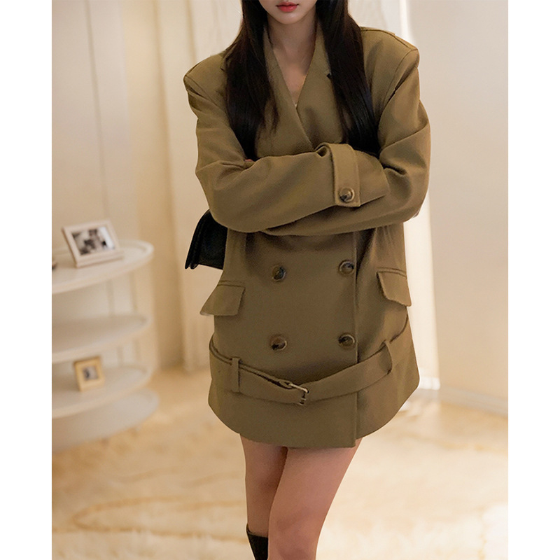 Női koreai retro laza kosztüm kabát - dupla gombolás, középhosszú, poliészter, polo gallér, nyomtatott részlet