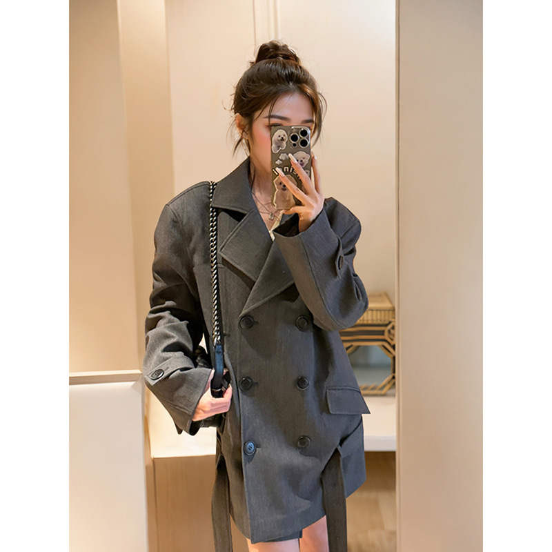 Női koreai retro laza kosztüm kabát - dupla gombolás, középhosszú, poliészter, polo gallér, nyomtatott részlet