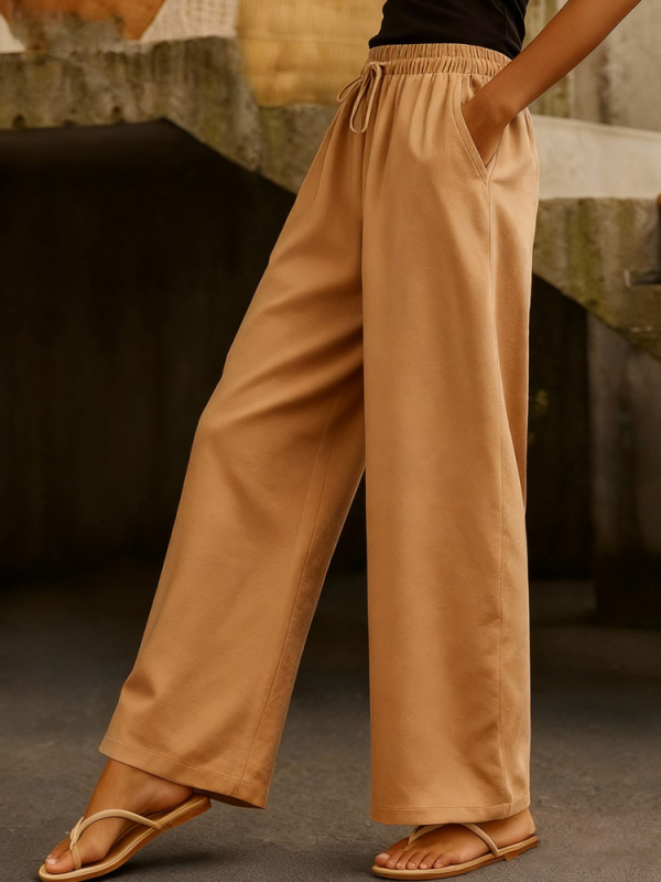 Női pamut-kereszt keverékből készült széles lábú nadrág elasztikus derékkal, oldalsó zsebekkel és húzózsinórral, egyszínű, retro patchwork stílus (fő anyag 90–95%)