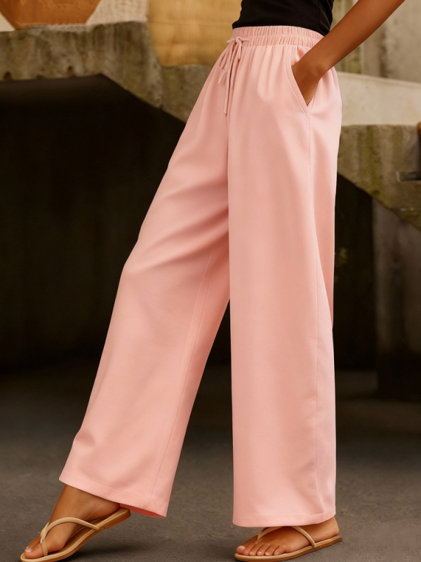 Női pamut-kereszt keverékből készült széles lábú nadrág elasztikus derékkal, oldalsó zsebekkel és húzózsinórral, egyszínű, retro patchwork stílus (fő anyag 90–95%)