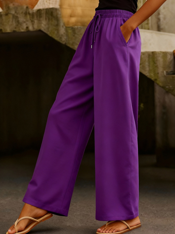 Női pamut-kereszt keverékből készült széles lábú nadrág elasztikus derékkal, oldalsó zsebekkel és húzózsinórral, egyszínű, retro patchwork stílus (fő anyag 90–95%)