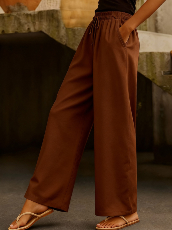 Női pamut-kereszt keverékből készült széles lábú nadrág elasztikus derékkal, oldalsó zsebekkel és húzózsinórral, egyszínű, retro patchwork stílus (fő anyag 90–95%)