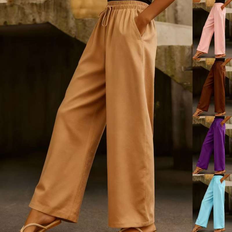Női pamut-kereszt keverékből készült széles lábú nadrág elasztikus derékkal, oldalsó zsebekkel és húzózsinórral, egyszínű, retro patchwork stílus (fő anyag 90–95%)