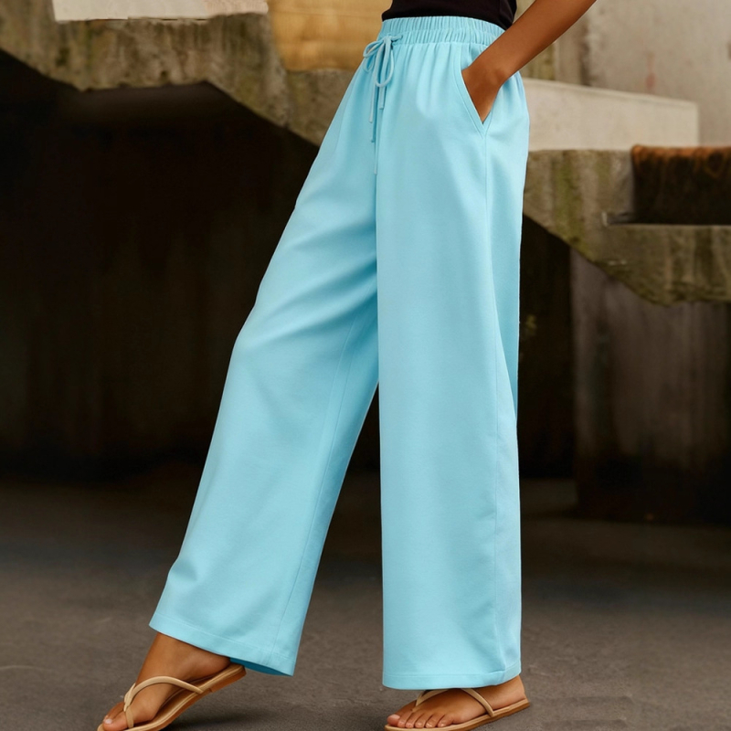 Női pamut-kereszt keverékből készült széles lábú nadrág elasztikus derékkal, oldalsó zsebekkel és húzózsinórral, egyszínű, retro patchwork stílus (fő anyag 90–95%)