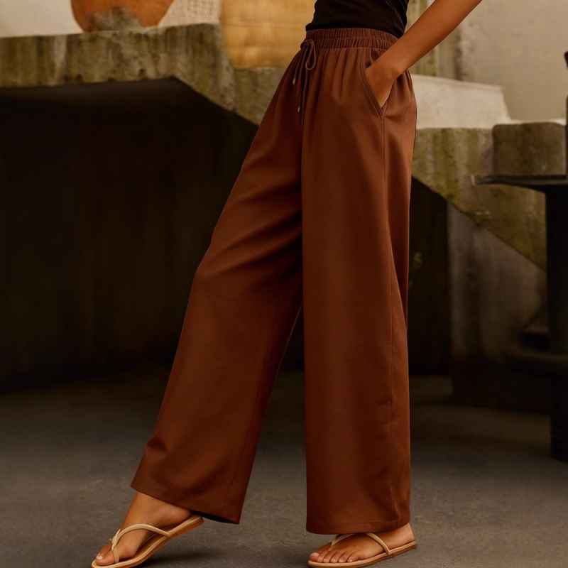 Női pamut-kereszt keverékből készült széles lábú nadrág elasztikus derékkal, oldalsó zsebekkel és húzózsinórral, egyszínű, retro patchwork stílus (fő anyag 90–95%)