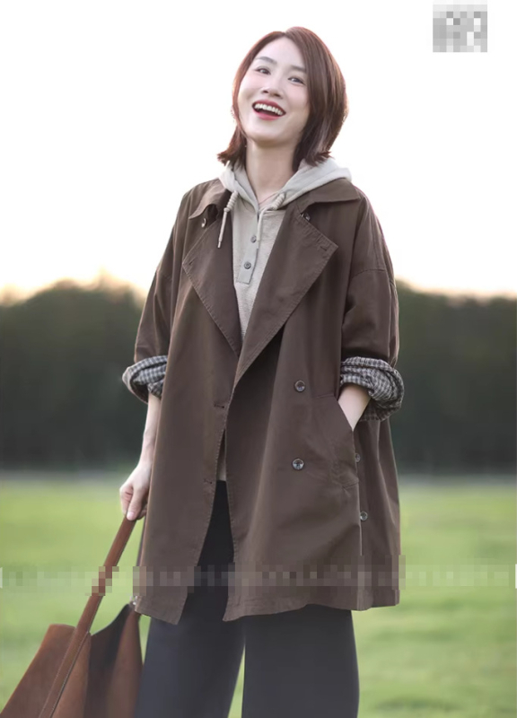 Koreai stílusú pamut windbreaker kabát, galléros lapel, patchwork kockás, laza hosszú siluett, raglán ujjak