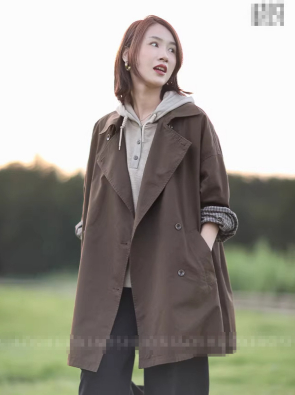 Koreai stílusú pamut windbreaker kabát, galléros lapel, patchwork kockás, laza hosszú siluett, raglán ujjak