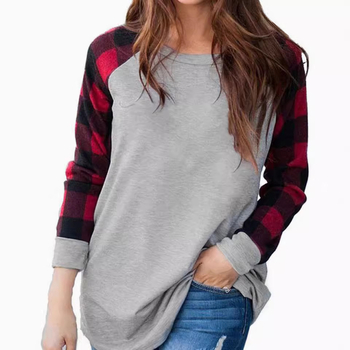 Női kockás pamut-poliészter felső, kerek nyakú, hosszú ujjú, közepes hosszúságú