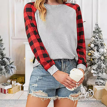 Női kockás pamut-poliészter felső, kerek nyakú, hosszú ujjú, közepes hosszúságú