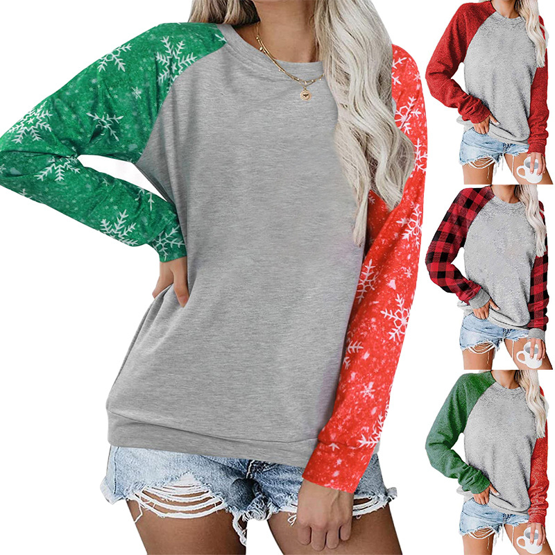 Női kockás pamut-poliészter felső, kerek nyakú, hosszú ujjú, közepes hosszúságú