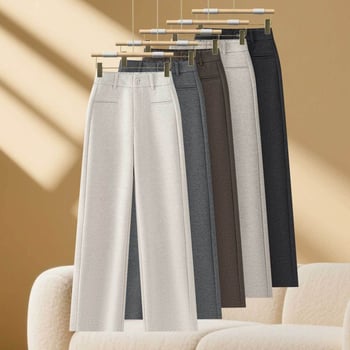 Pantaloni femei talie înaltă, croială dreptă din amestec lână-poliester, iarna 2025, stil casual