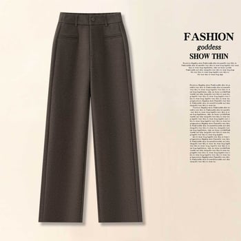 Pantaloni femei talie înaltă, croială dreptă din amestec lână-poliester, iarna 2025, stil casual