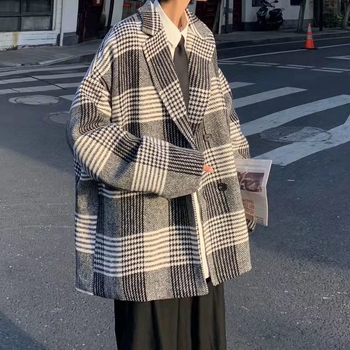 Muški kaput srednje duljine s kariranim uzorkom, korejskog stila, trendovski retro kaput za jesen i zimu, ležeran kroj