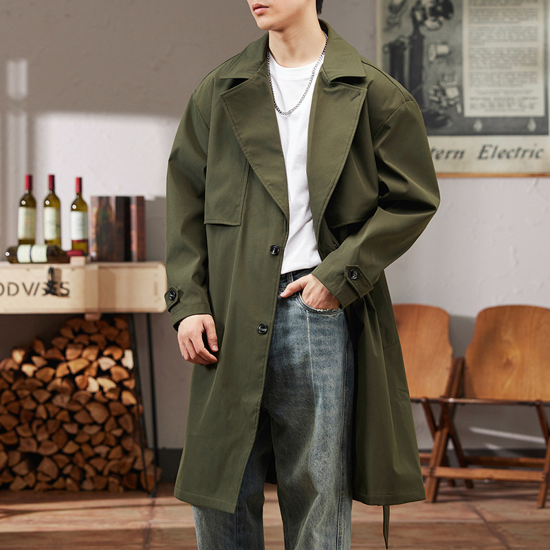 Palton masculin în stil korean, lungime medie, guler rever, închidere cu nasturi pe un rând, croială lejeră