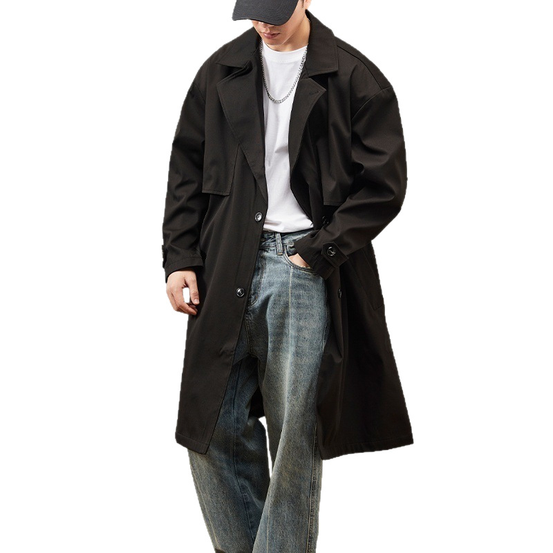 Palton masculin în stil korean, lungime medie, guler rever, închidere cu nasturi pe un rând, croială lejeră